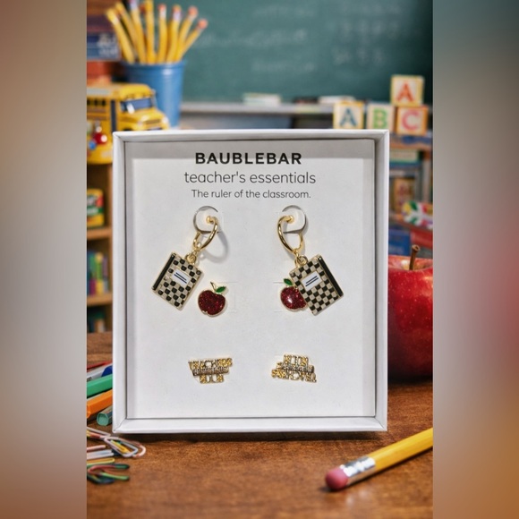 Jewelry - NWT- Baublebar Teacher’s Essential Earring Set-Apple/Notebook.